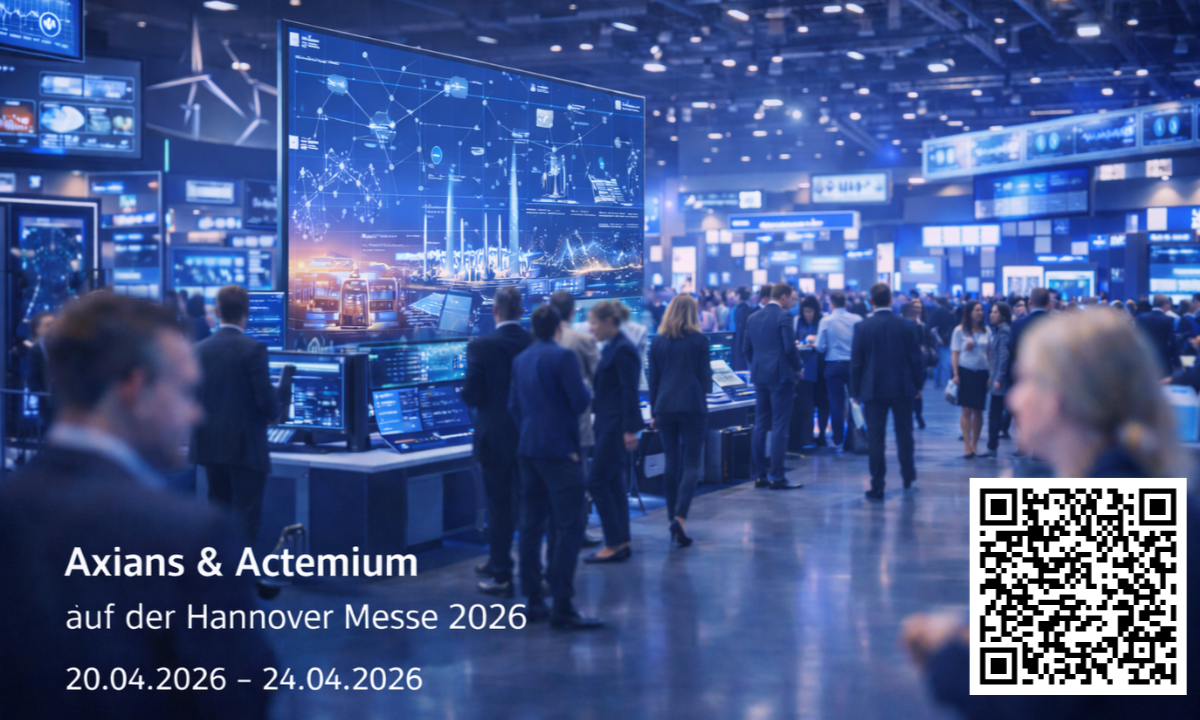 Exhibition stand scene at Hannover Messe 2026 with numerous large digital displays, interactive industrial and technology solutions and many visitors in the exhibition area. A central, large-format display shows networked industrial and smart factory presentations. On the left of the image is the text "Axians & Actemium at Hannover Messe 2026, 20.04.2026 - 24.04.2026", and at the bottom right is a QR code.