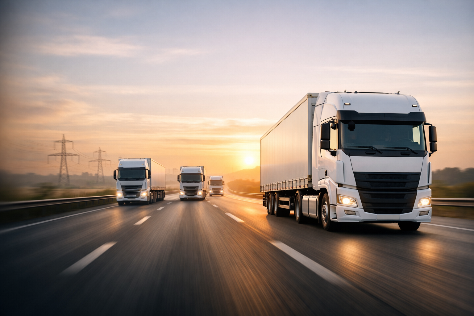 Ein Konvoi großer weißer Lastwagen fährt bei Sonnenaufgang auf einer mehrspurigen Autobahn. Bewegungsunschärfe betont die Geschwindigkeit, während Stromleitungen und offene Landschaft die dynamische Logistik‑ und Transportszene umrahmen.
