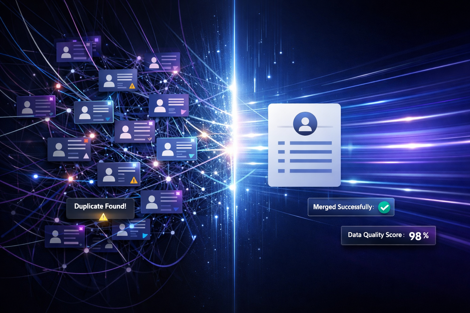 Digitale Visualisierung, die auf der linken Seite mehrere fragmentierte Benutzerdatensätze zeigt, die durch leuchtende Netzlinien verbunden sind, wobei Warnsymbole Duplikate kennzeichnen. Auf der rechten Seite erscheint ein einziges konsolidiertes Benutzerprofil nach erfolgreicher Zusammenführung, begleitet von den Aufschriften "Zusammenführung erfolgreich" und "Datenqualitätsergebnis: 98 %". Hellblaues Licht bildet eine zentrale Übergangslinie, die die Datenbereinigung und -vereinheitlichung symbolisiert.