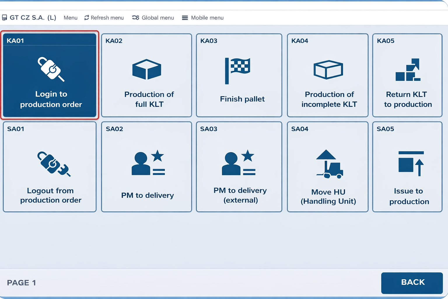Softversko sučelje koje prikazuje mrežu velikih akcijskih pločica koje se koriste u proizvodnom okruženju. Istaknuta pločica glasi "Registrirajte proizvodni nalog", a druge pločice sadrže opcije kao što su "Proizvesti potpuni KLT", "Dovršiti paletu", "Proizvesti nepotpuni KLT", "Vratiti KLT u proizvodnju", "PM za dostavu", "Premjestiti HU" i "Izdati u proizvodnju". Svaka pločica prikazana je jednostavnim plavim ikonama, a na dnu se nalazi navigacijsko gumb s oznakom "NAZAD".