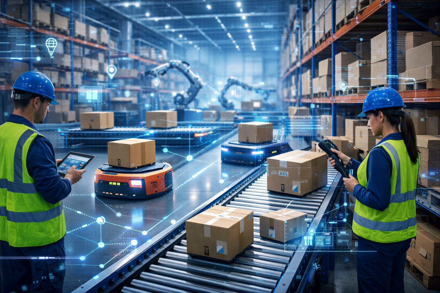 A large automated warehouse with conveyor belts transporting cardboard boxes, surrounded by tall storage shelves filled with inventory. Two workers in safety vests and helmets operate tablets while autonomous mobile robots move packages. Robotic arms, overhead lighting and digital network overlays highlight a highly automated logistics environment.