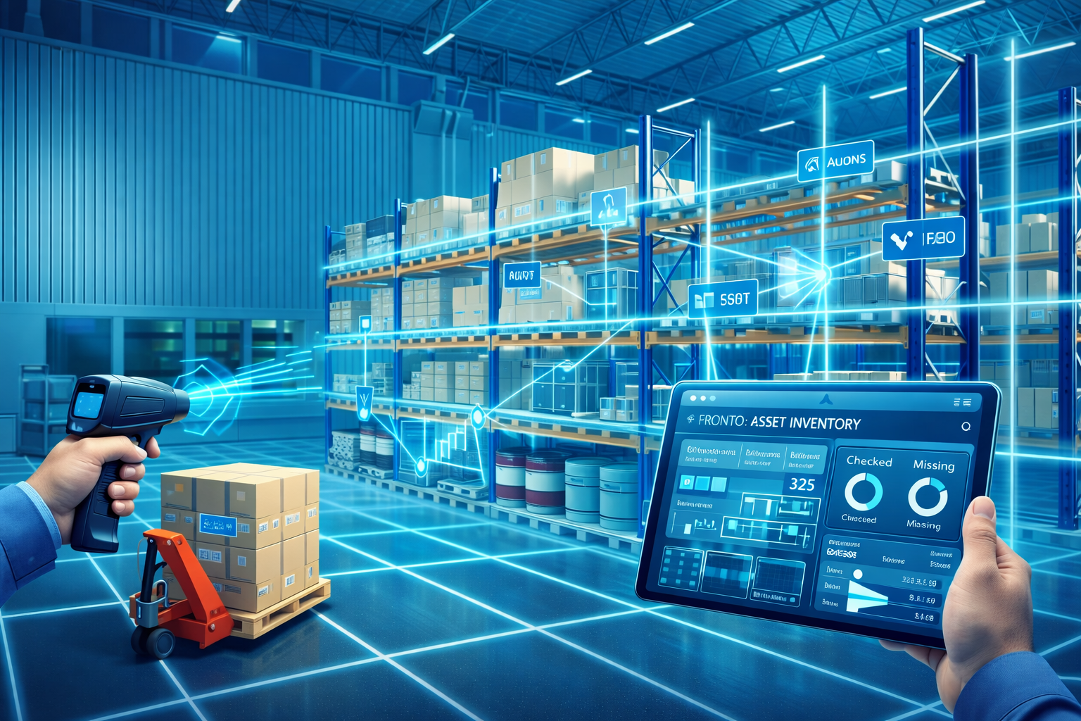 Warehouse scene with tall storage shelves filled with labeled boxes, visualized with bright blue digital overlays indicating item locations and connectivity. A person holds a handheld barcode scanner aimed at a wrapped pallet on a manual pallet jack, while another hand is holding a tablet displaying logistics data and system dashboards. The floor is shown with illuminated grid lines, creating a smart‑warehouse visualization.