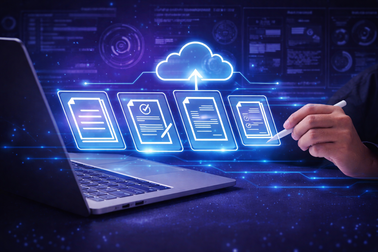 Prijenosno računalo na stolu s osobom koja drži stylus pored uređaja. Ispred računala prikazane su svjetleće digitalne ikone dokumenata, poredane u nizu i povezane simbolom oblaka iznad njih. U pozadini se vidi tamno sučelje s tehničkom grafikom, stvarajući dojam upravljanja digitalnim dokumentima u oblaku.
