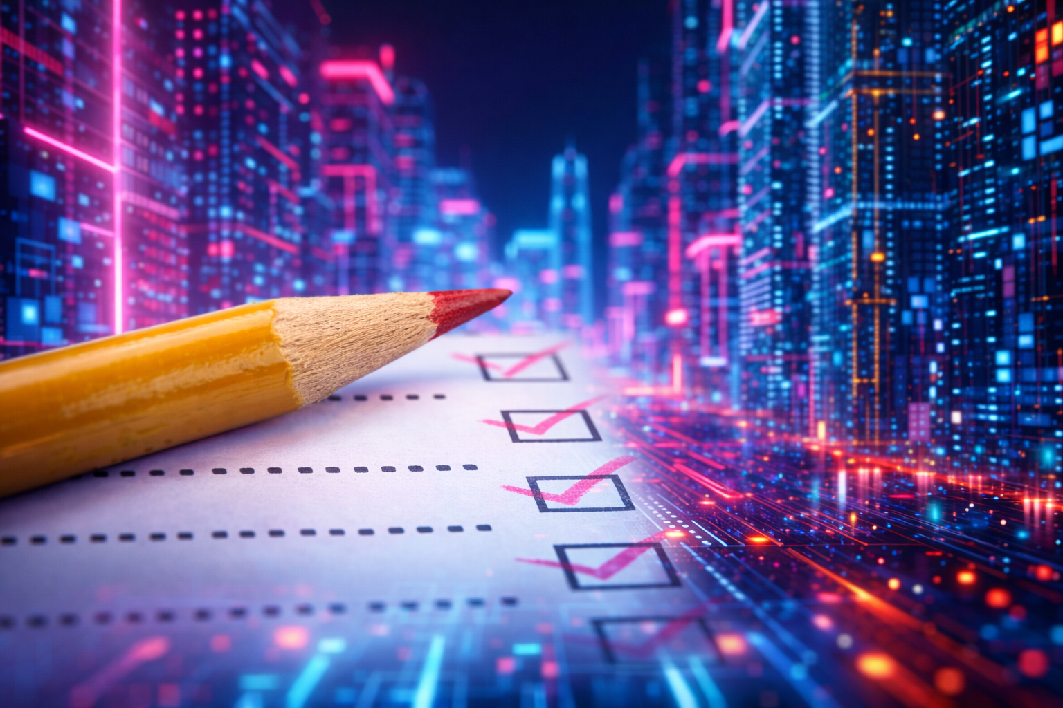 A close‑up of a pencil resting on a checklist form, with several empty checkboxes in view. In the background, a digitally rendered cityscape made of glowing blue and pink lights creates a futuristic, high‑tech atmosphere, blending physical paperwork with virtual data elements.