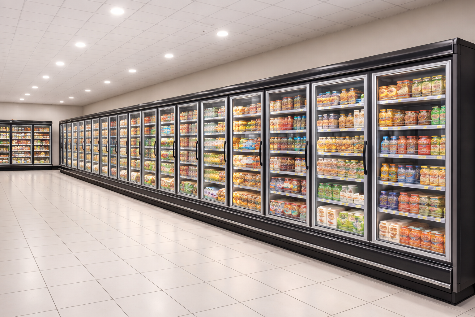 A long aisle of refrigerated display cases in a supermarket, filled with various packaged foods and beverages behind glass doors. Bright ceiling lights illuminate the clean, modern grocery store interior with tiled floors.
