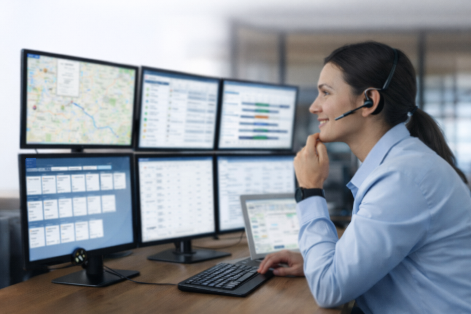Person working at a desk with multiple computer monitors displaying dashboards and maps in a control center