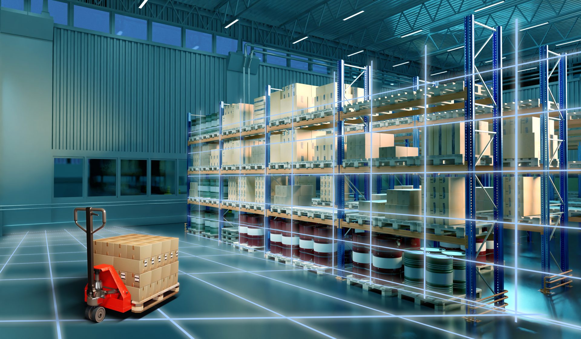 Futuristic Warehouse with Automated Pallet Jack and Stacked Shelves 3d image