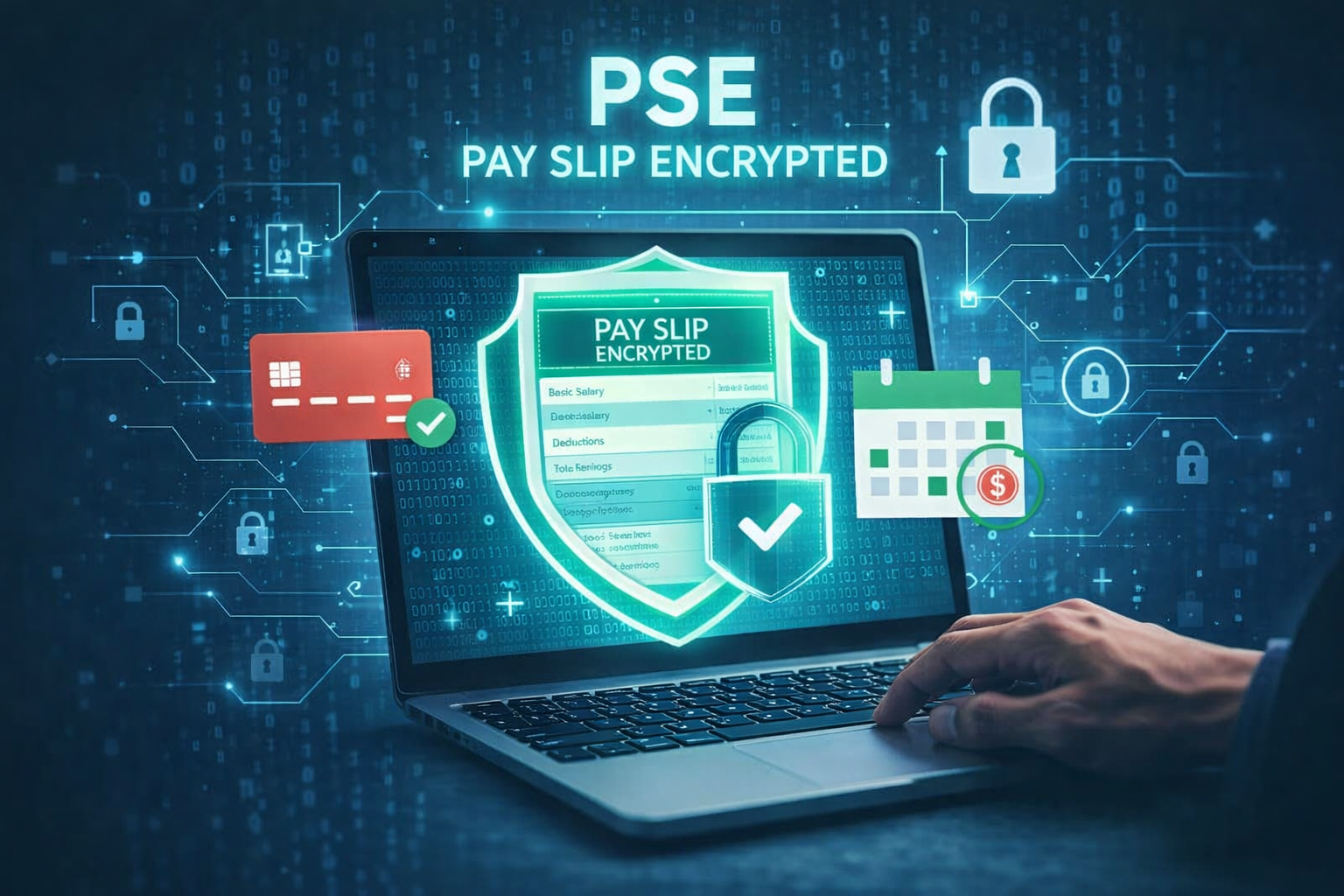 A laptop displaying a glowing digital shield labeled “Pay Slip Encrypted,” surrounded by financial and security icons such as a credit card, a calendar with a payment symbol, and padlock graphics. The scene features a dark blue cybersecurity‑themed background with data lines, highlighting secure and encrypted digital payslip processing.