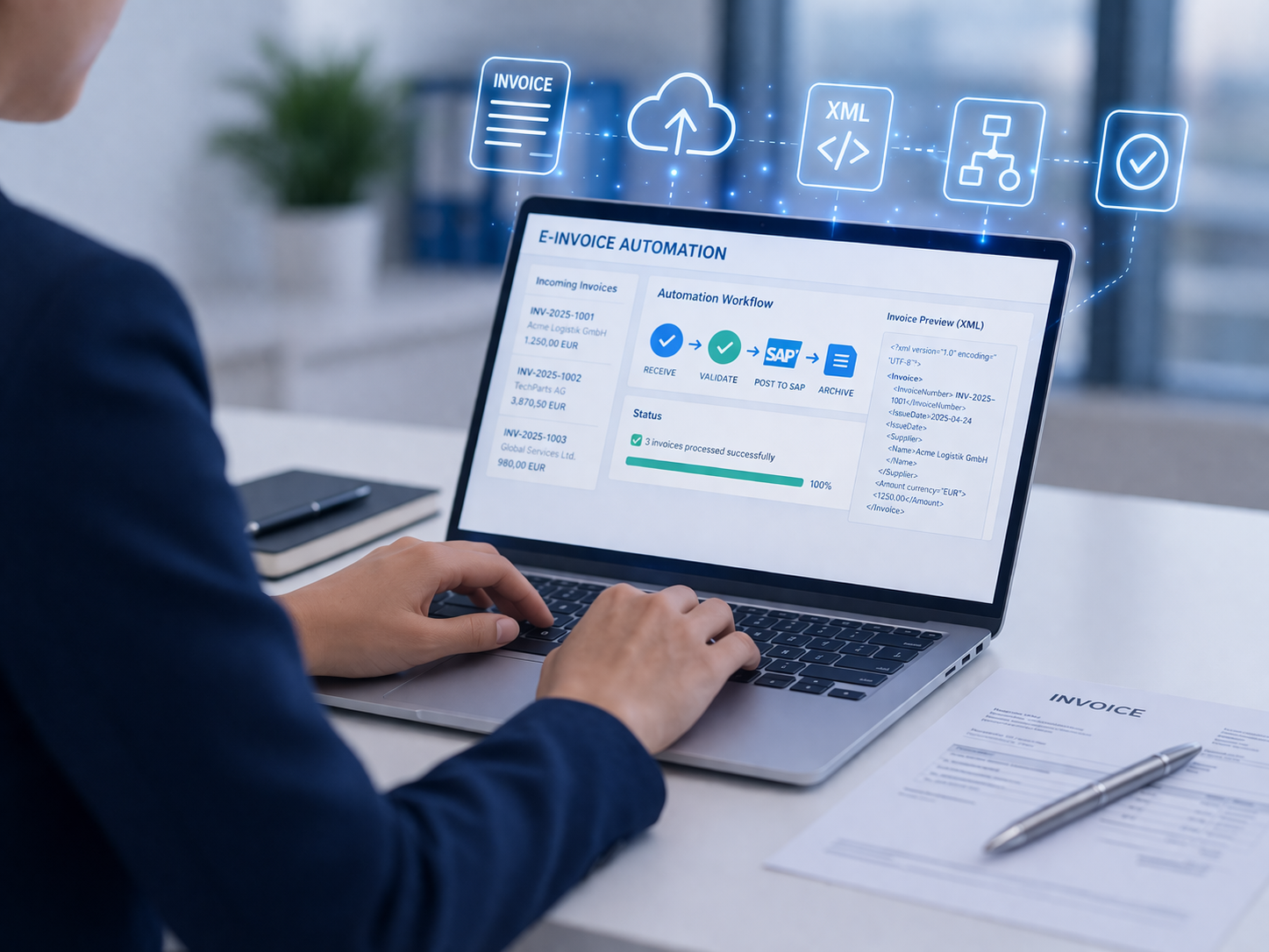 A person working on a laptop displaying an e‑invoice automation dashboard, showing workflow steps, status indicators and SAP integration. Above the laptop, floating digital icons represent invoice processing, cloud upload, XML data and automated workflow actions. A smartphone, documents and a pen lie on the desk in a modern office setting.