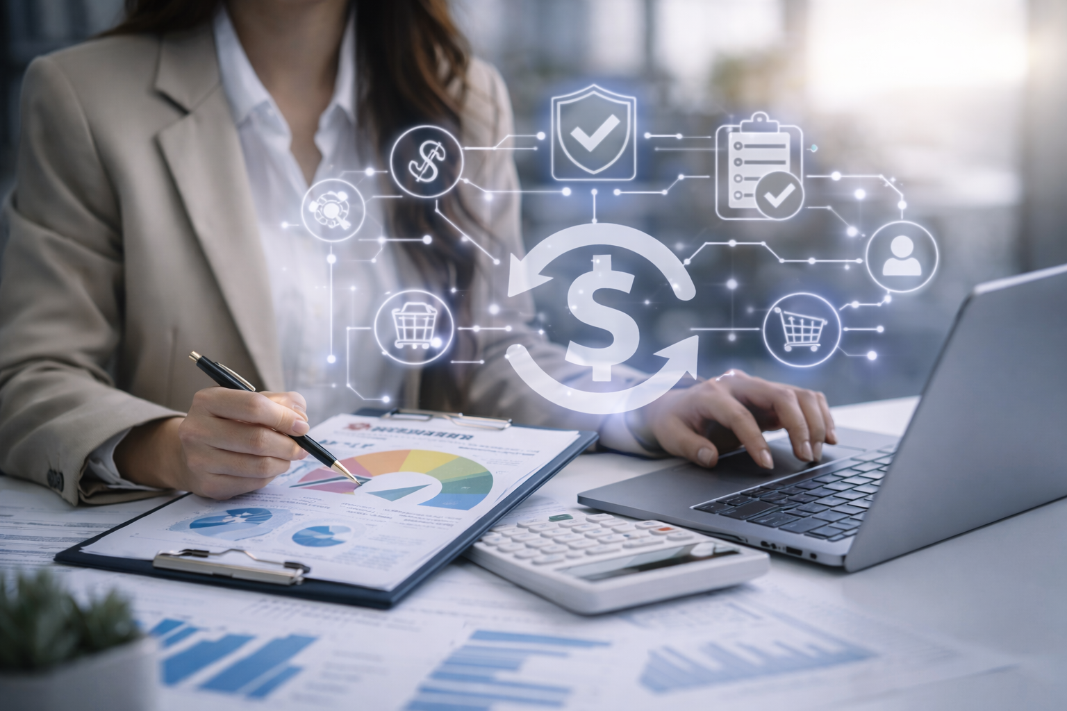 A person seated at a desk working with a laptop and printed financial charts. One hand holds a pen above a notebook with graphs, while the laptop screen is open beside a calculator. Transparent digital icons showing currency symbols, analytics, security, and connected processes appear above the workspace, representing financial analysis and digital business workflows.