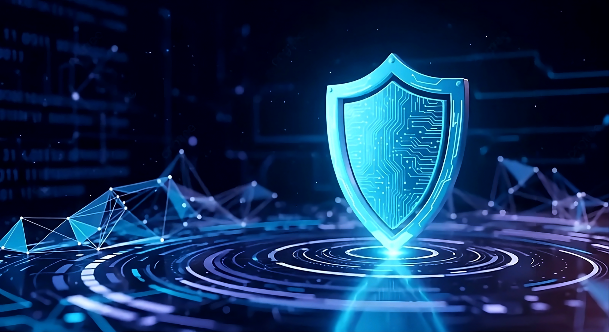 Futuristische Darstellung eines leuchtenden, digitalen Schutzschilds über einer kreisförmigen Technologie‑Plattform, umgeben von Netzwerkstrukturen und Datenlinien auf dunklem Hintergrund. Das Bild visualisiert IT‑Sicherheit, Systemschutz und die Analyse von SAP‑Landschaften im Rahmen des Axians SAP Security Checkup.