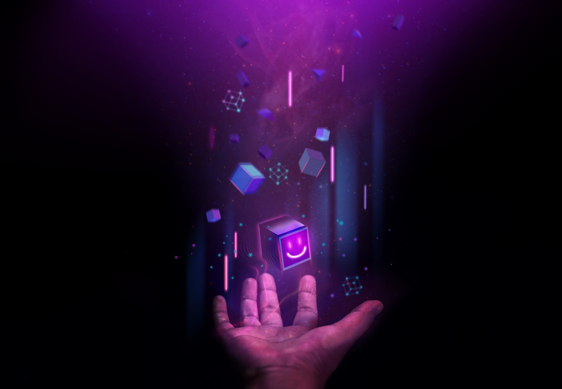 Blockchain Technology Concepts. Hand Levitating a Digital Smiling Box Icon and many Futuristic Graphic to Connecting the Universe. Space Elements from Nasa